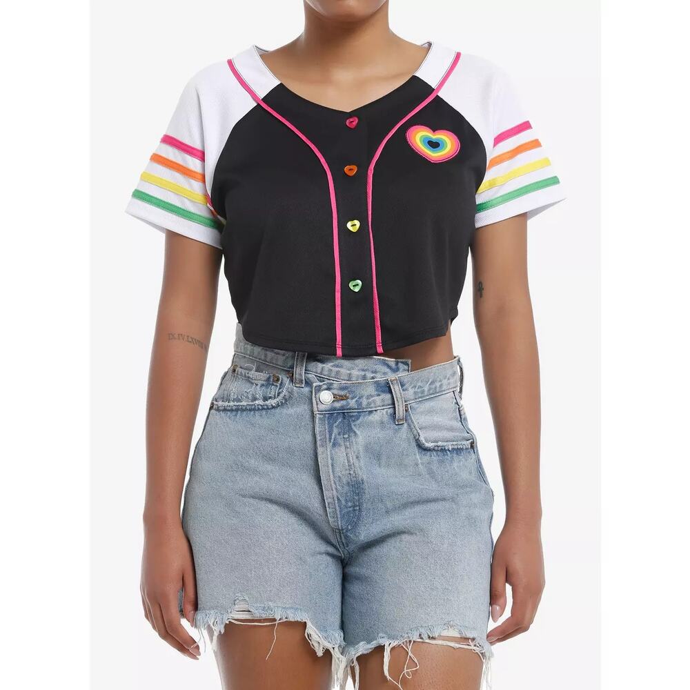 Hot Topic Social Collision Large Heart Rainbow Jersey Crop Top Pride